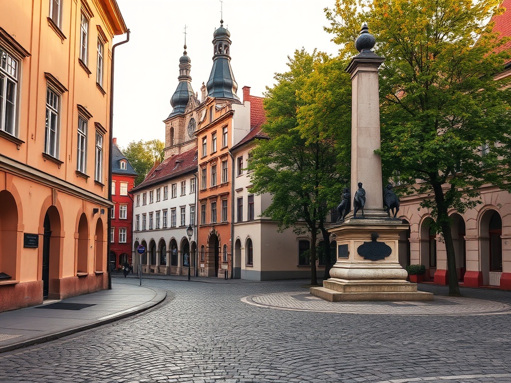 Widok na zabytkowy rynek w Sławkowie z ratuszem i kamienicami